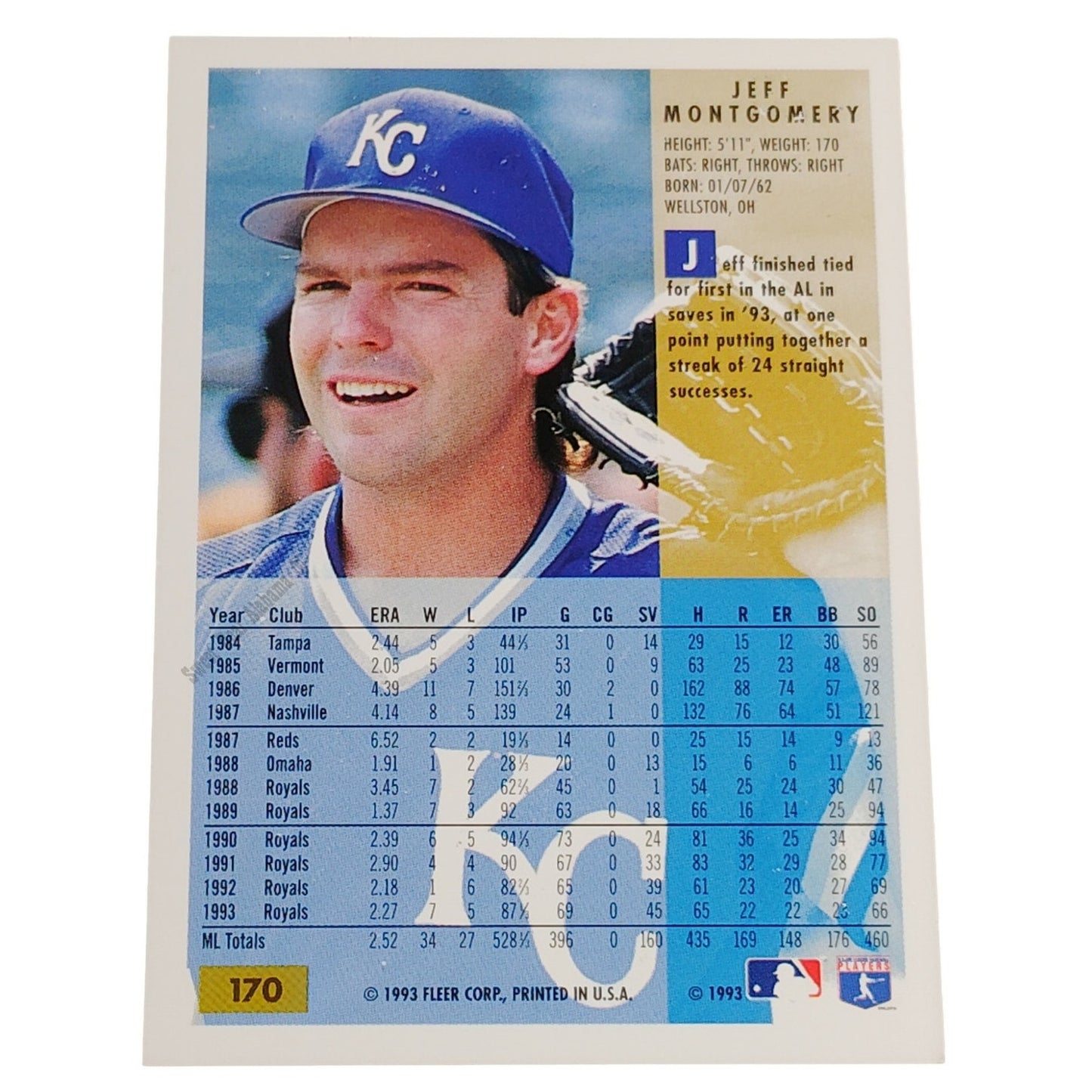 Jeff Montgomery, Kansas City Royals, #170,  1994 Fleer Baseball Collector's Card