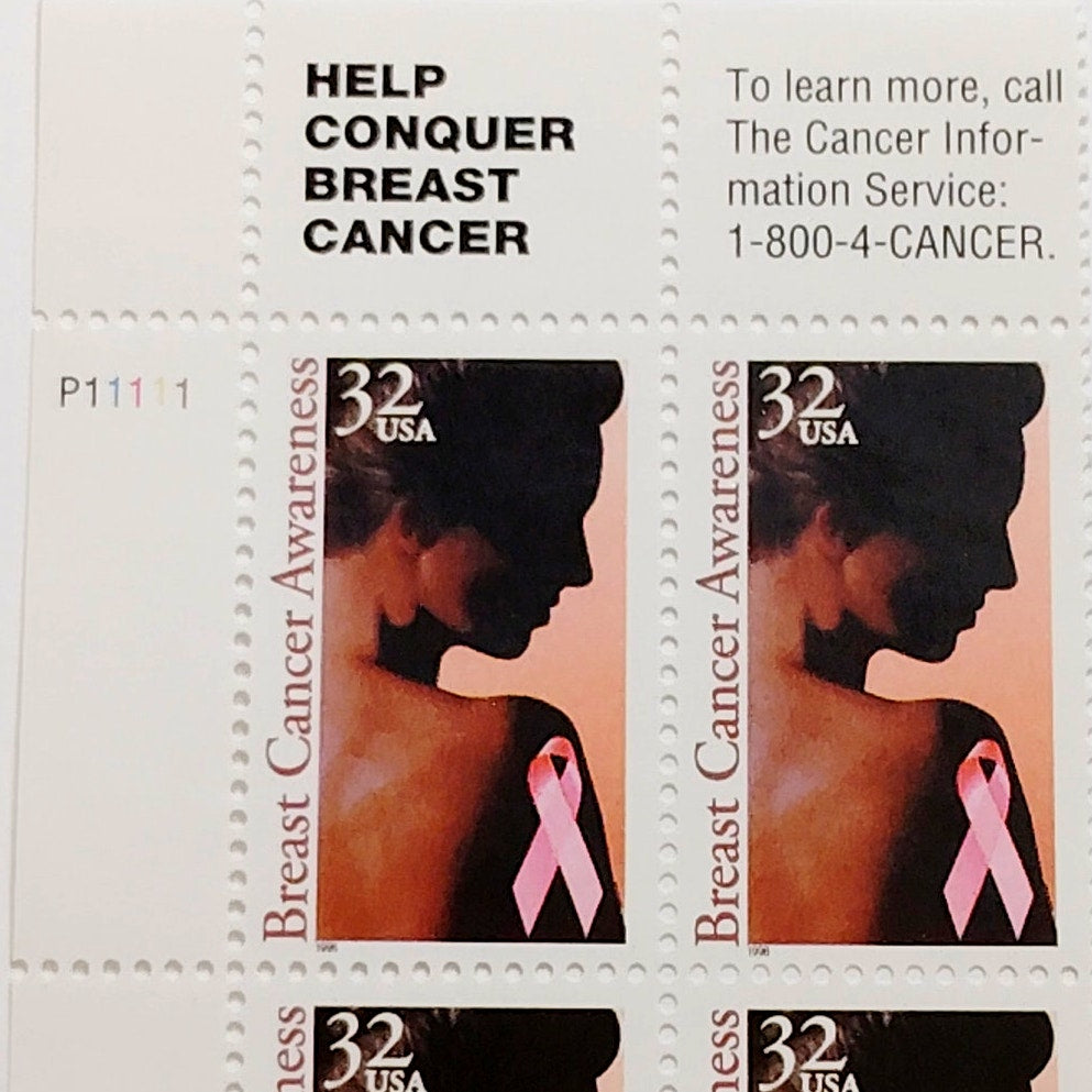 Plate Block of 4 – 1996 USA 32¢ Breast Cancer Awareness MNH Scott 3081 – Ribbon