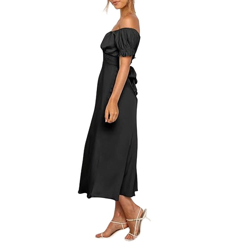 KIRUNDO 2024 Satin Midi Dress Off Shoulder Wrap Ruched, Slim Fit, XL (16)