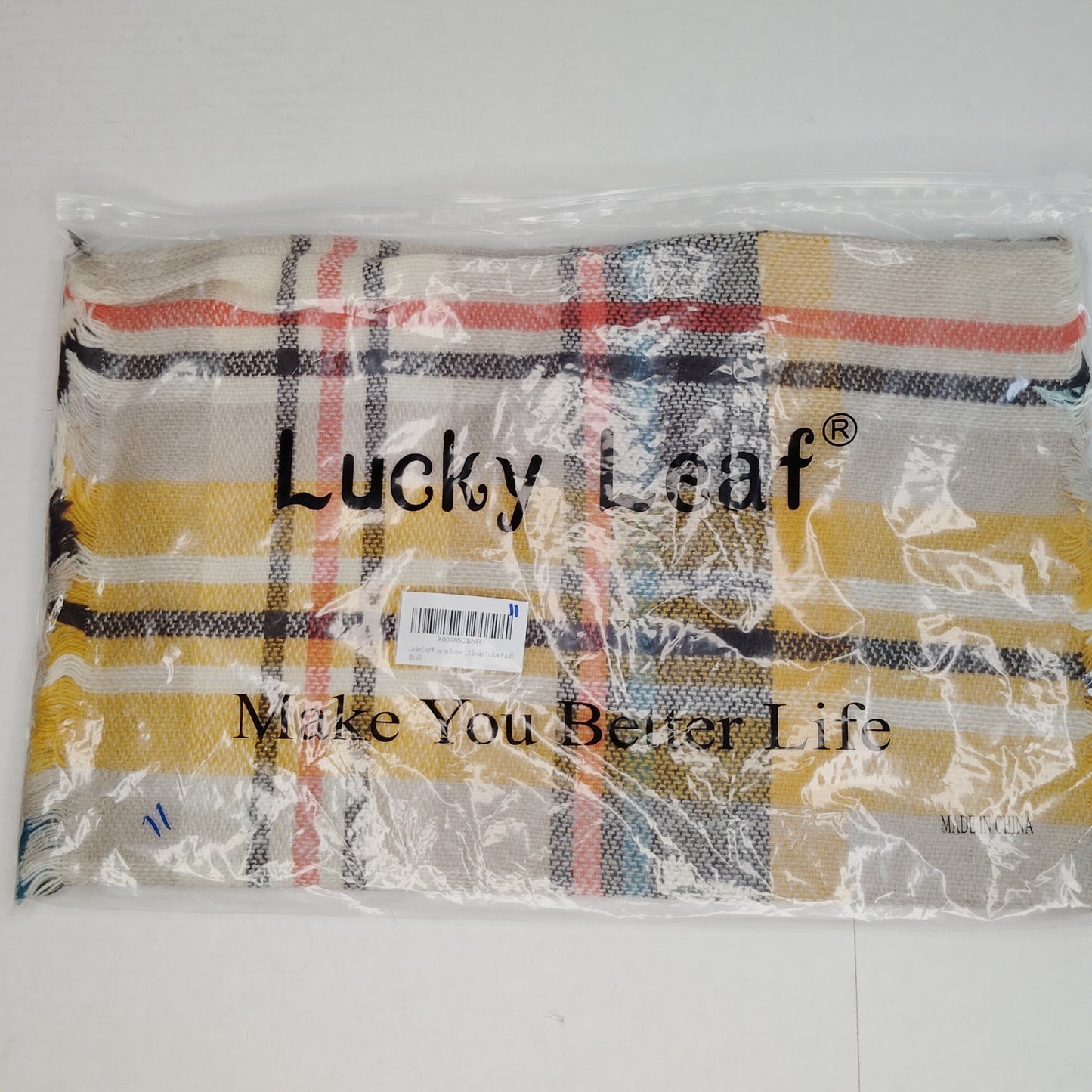 Lucky Leaf Infinity Scarf w/ Tassels Lightweight 100% Acrylic Beige/Yellow Plaid
