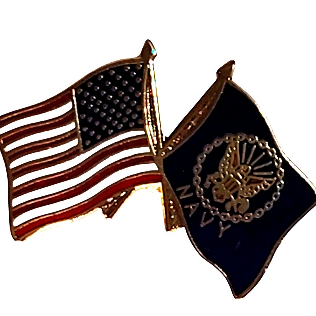 Crossed US Navy American Flag Novelty Biker Jacket Hat Lapel Pin 1" × 3/4"