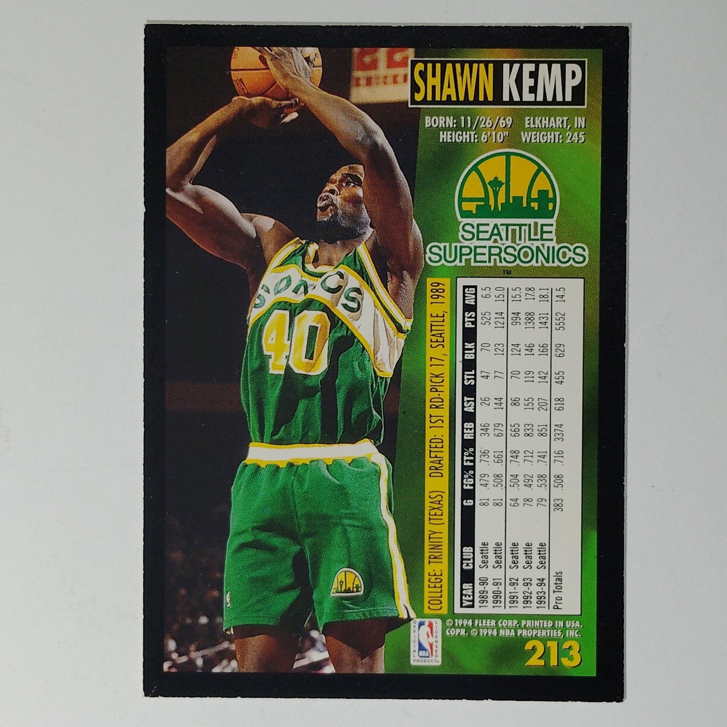 1994-95 Fleer Shawn Kemp #213 Seattle SuperSonics Hall of Fame Power Forward