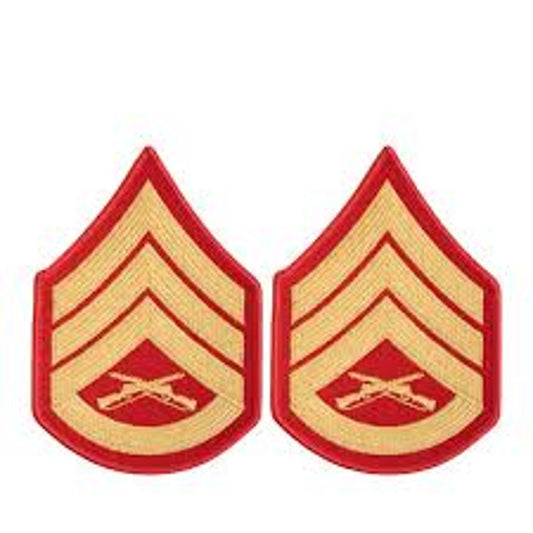 USMC Staff Sergeant E‑6 Chevrons – Gold on Red – Female – 3‑3/4" × 2‑7/8"