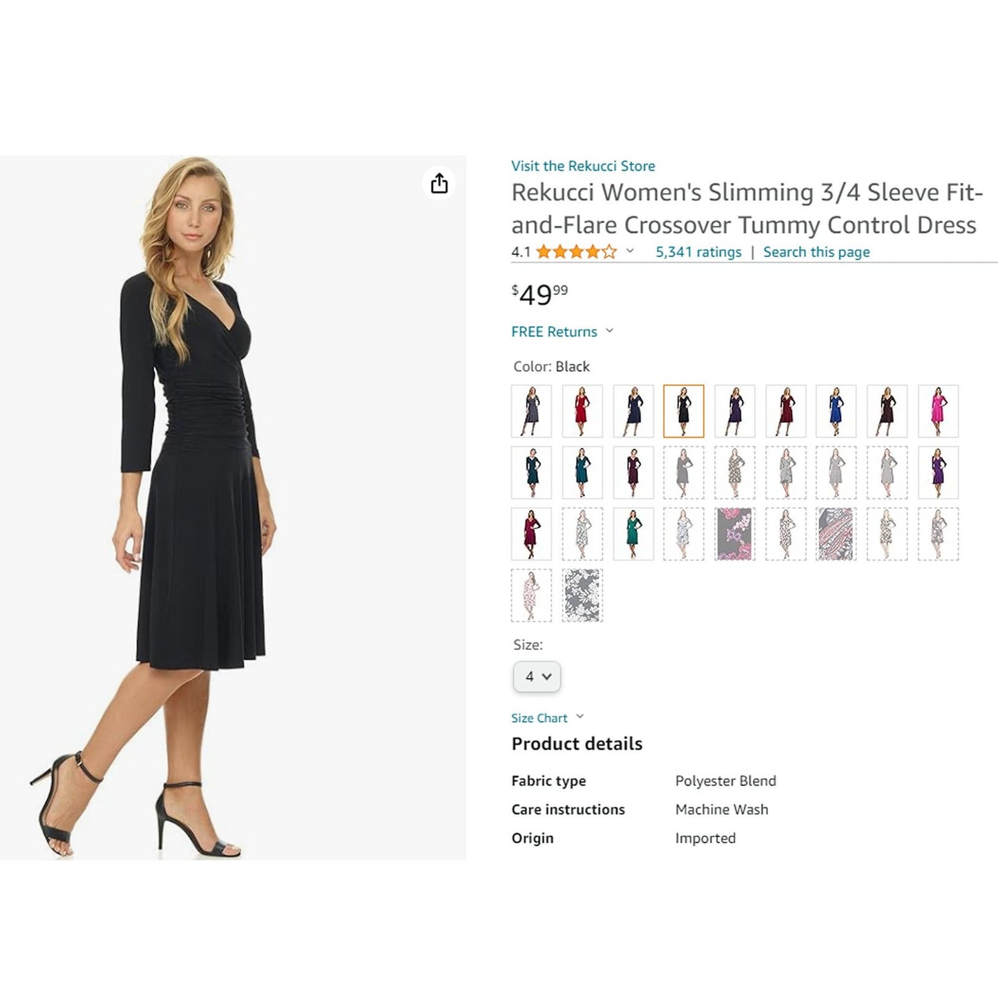 Rekucci Size 4 Slimming 3/4 Sleeve Fit-and-Flare Crossover Tummy Control Dress