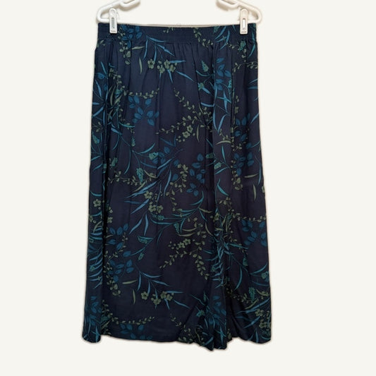 Two Twenty L Navy Blue Green Botanical Maxi Skirt Elastic Waist Vintage Style