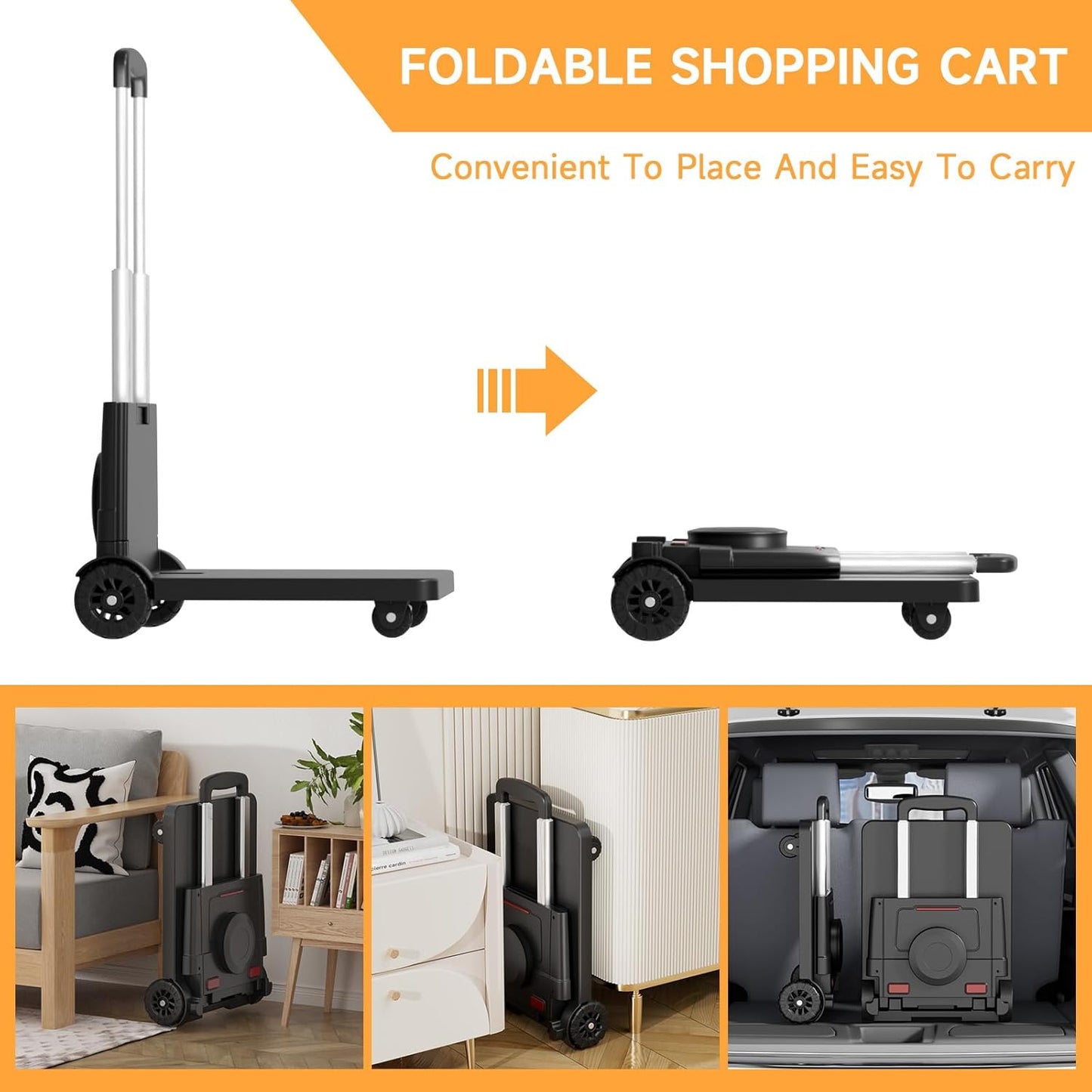 HD Folding Trolley Cart, 220 lb Cap., 4 Wheels, Bungee Cord, Telescopic Handle