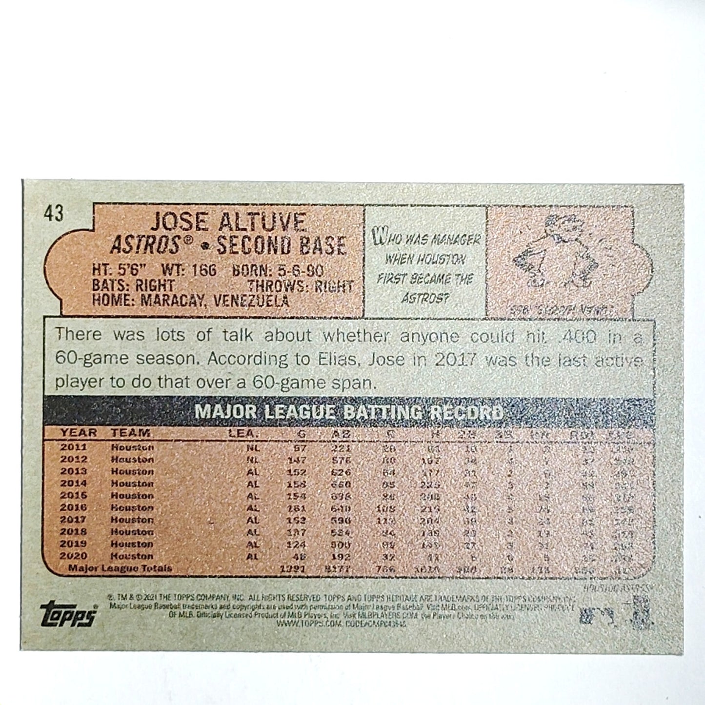 2021 Topps Heritage Jose Altuve 43 Houston Astros 2nd Base Baseball VG/EX