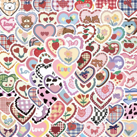 100 Heart Stickers of Many Various Designs, Waterproof Aesthetic Vinyl Stickers