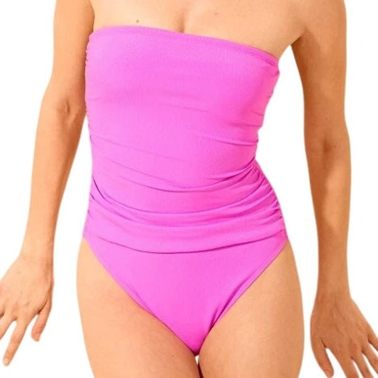 Shade & Shore Ribbed High‑Leg Bandeau 1-Piece Swimsuit, Pink XS Removable Strap