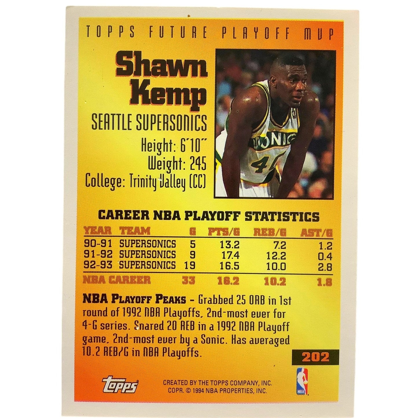 Shawn Kemp, Supersonics, 1994 Topps "Future Playoff MVP" NBA Card 202, EXC