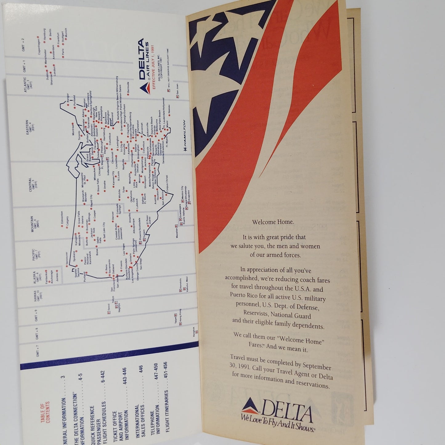 Delta Air Lines Timetable – July 1, 1991 – Statue of Liberty Cover – 456 Pages