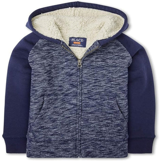 Children’s Place Boys Marled Sherpa Fleece Zip Up Hoodie, LRG 10/12 Tidal Blue