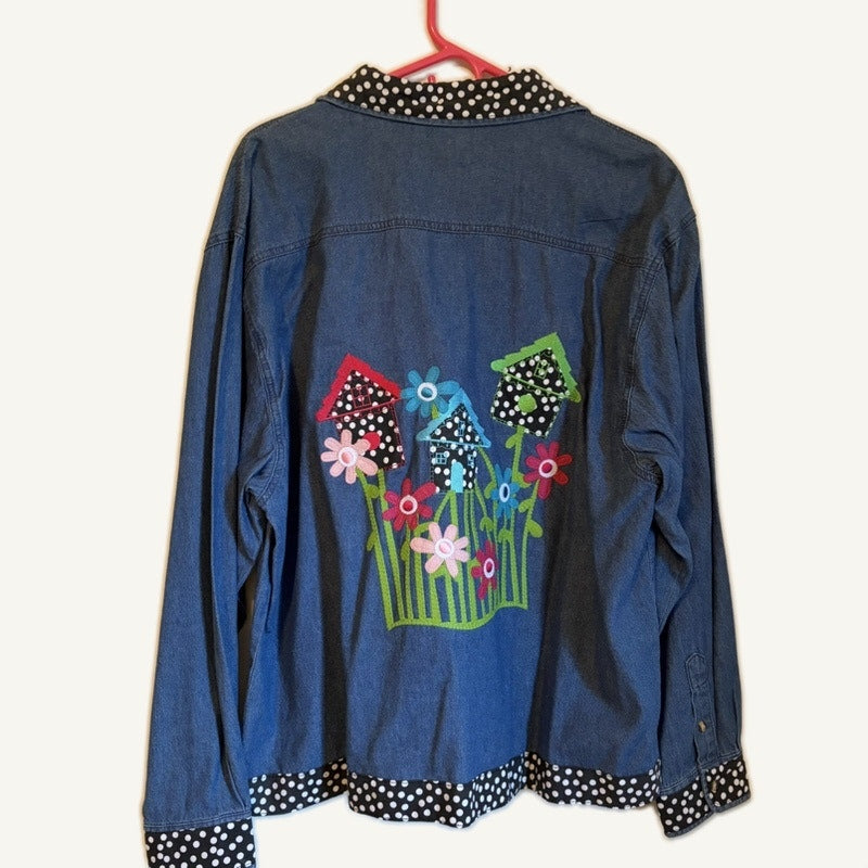 Lighthouse Apparel XL Denim Jacket Patchwork Birdhouse Floral Polka Dot