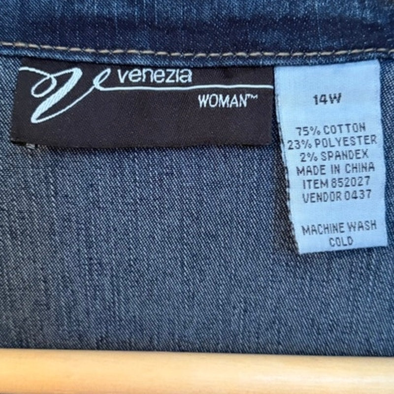 Venezia Woman 14W Blue Denim Trench Coat & Elastic Waist Pants 2-Piece Set