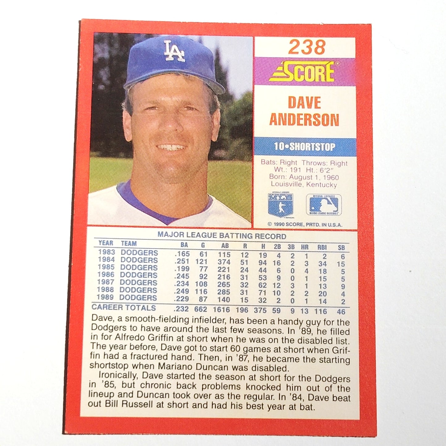 1990 Score Dave Anderson #238 Los Angeles Dodgers Shortstop MLB Baseball EX