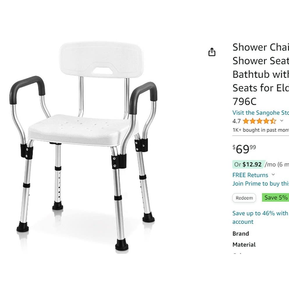 Sangohe Bath and Shower Chair,  Aluminum Frame, No Corrosion, Adjustable Height