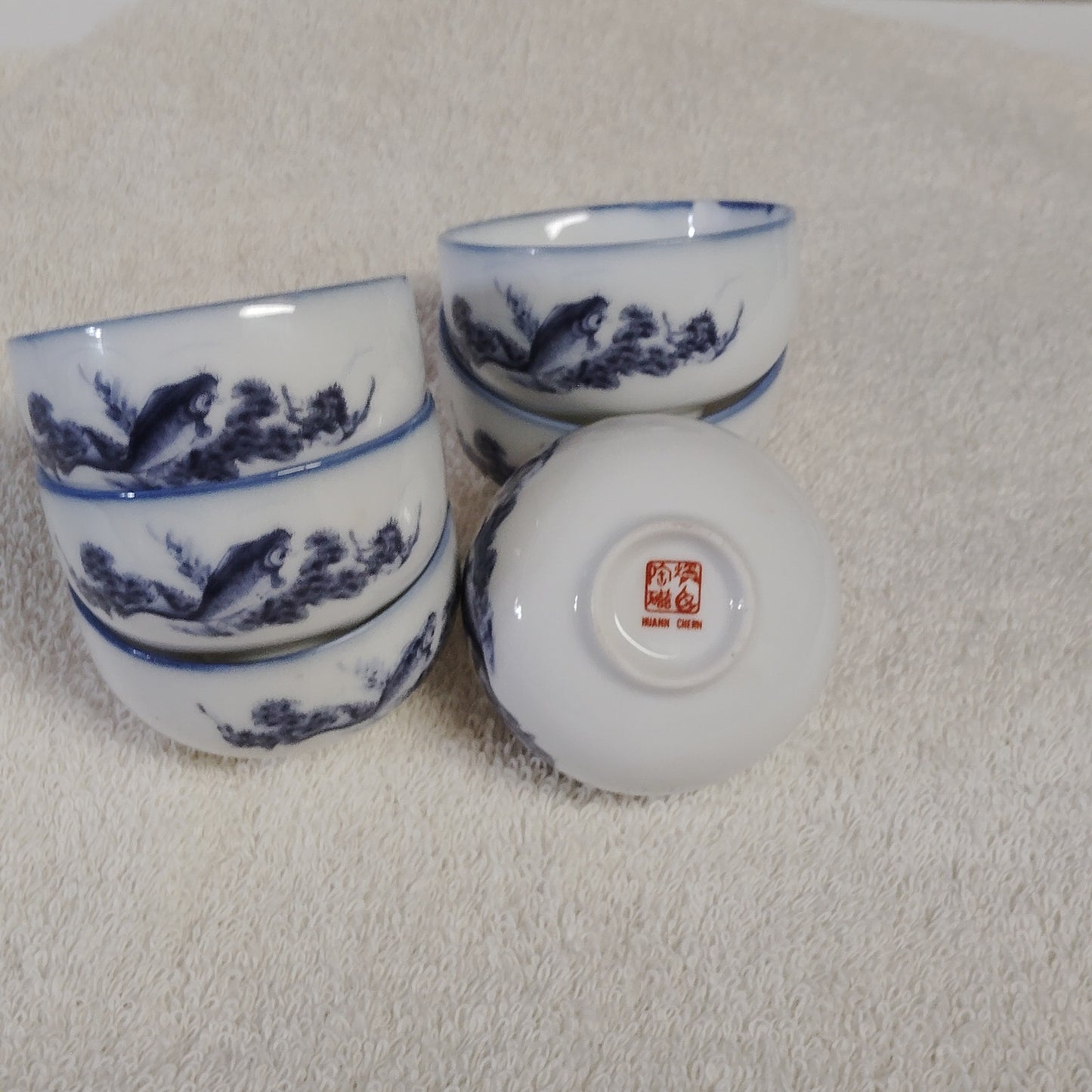 Huann Chern Taiwan Teaware Set Blue & White Porcelain Fish Motif Vintage 1986
