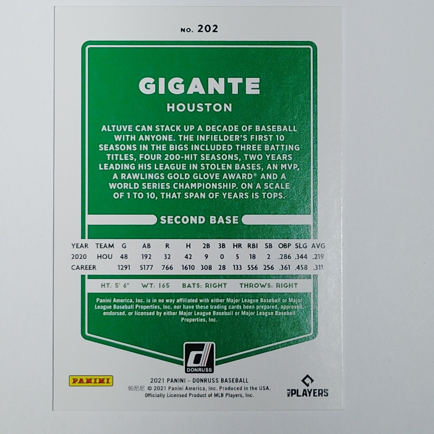 2021 Donruss Jose Altuve #202 Houston Astros Second Base Gigante Variation VG/EX