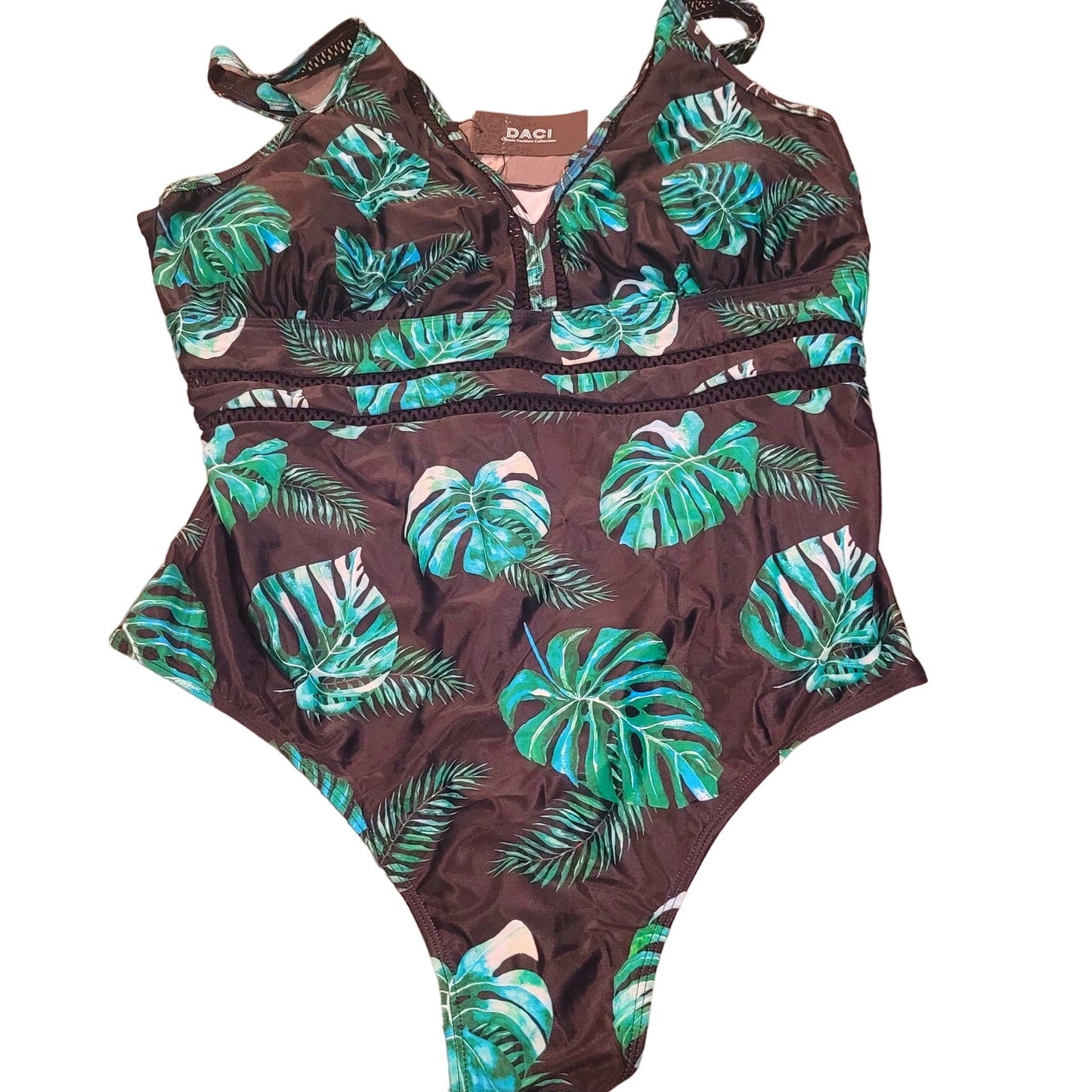 Daci 26W One Piece Ruffled V Neck Tummy Control Bathing Suits Black and Leaf