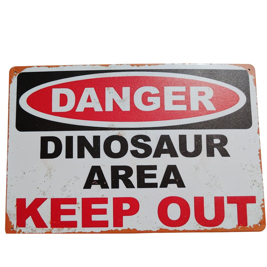Danger Dinosaur Area Retro Tin Sign – 12x8 Metal Wall Plaque – Prehistoric Novelty Warning Sign