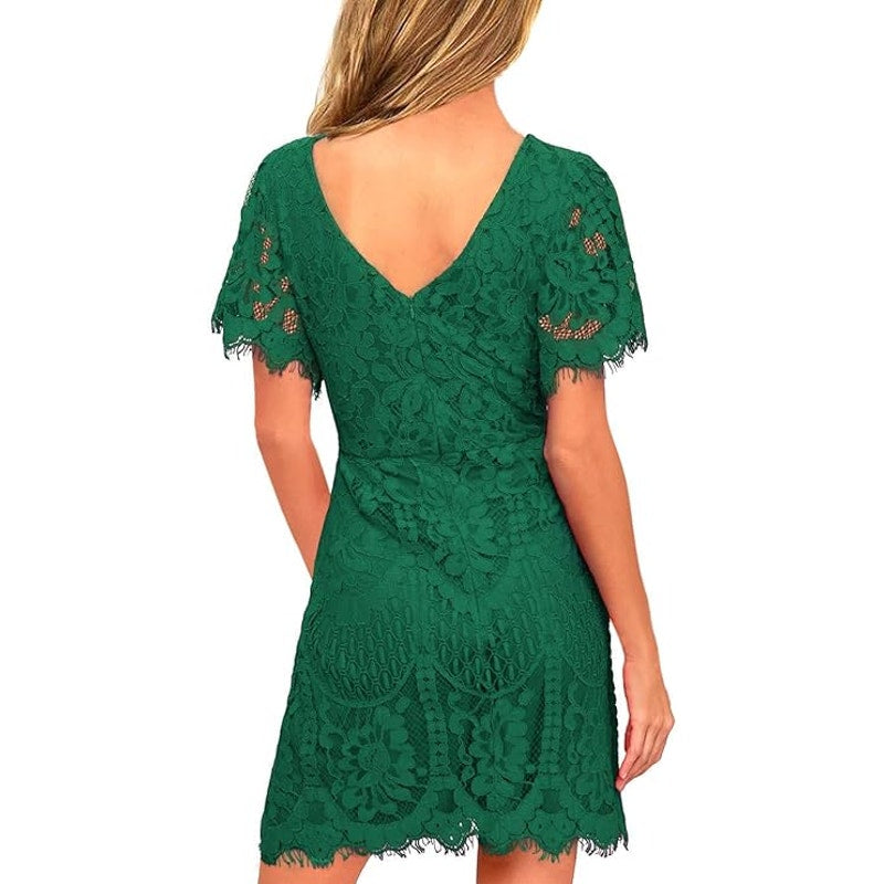 Elegant Round Neck V-Back Floral Lace Cocktail Party A Line Dress, Green, Size M