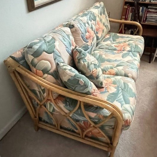 LOCAL PICKUP ONLY- 1980s Tropical Rattan Sleeper Sofa Bentwood Cane Frame Floral