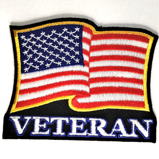 USA Veteran Patch Wavy Flag, Eagle Emblems 3‑1/2" × 2‑3/4" Sew‑On, Embroidered