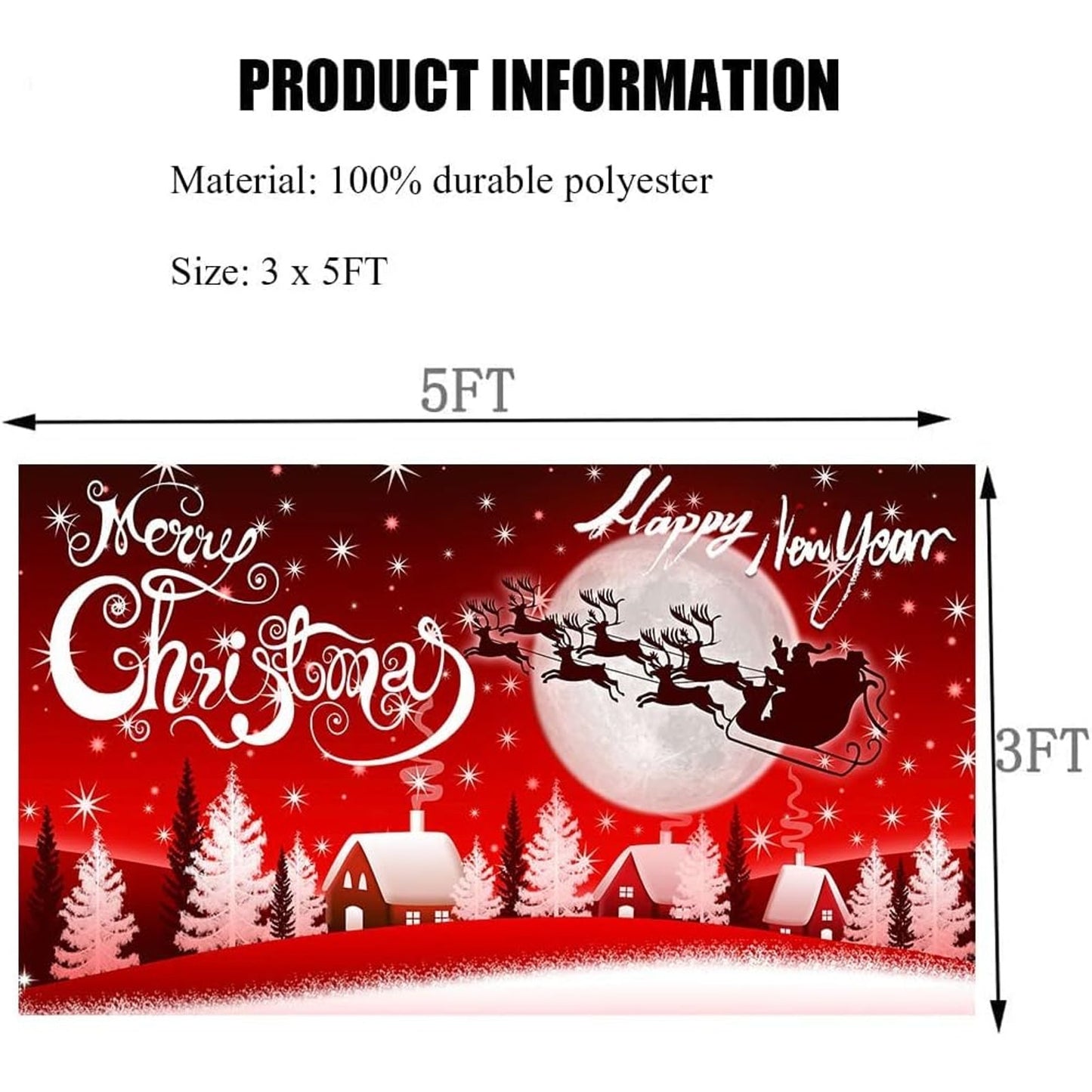 Christmas Banner Flag – 3x5 ft, “Merry Christmas / Happy New Year” Santa Sleigh