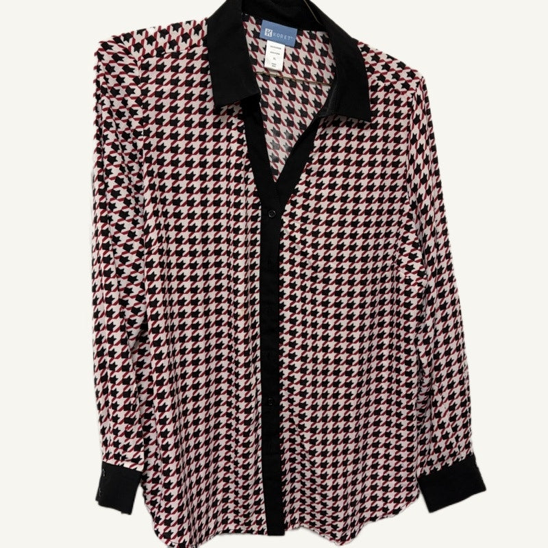 Koret Women's XL Red Black White Houndstooth Shirred Button Down Top