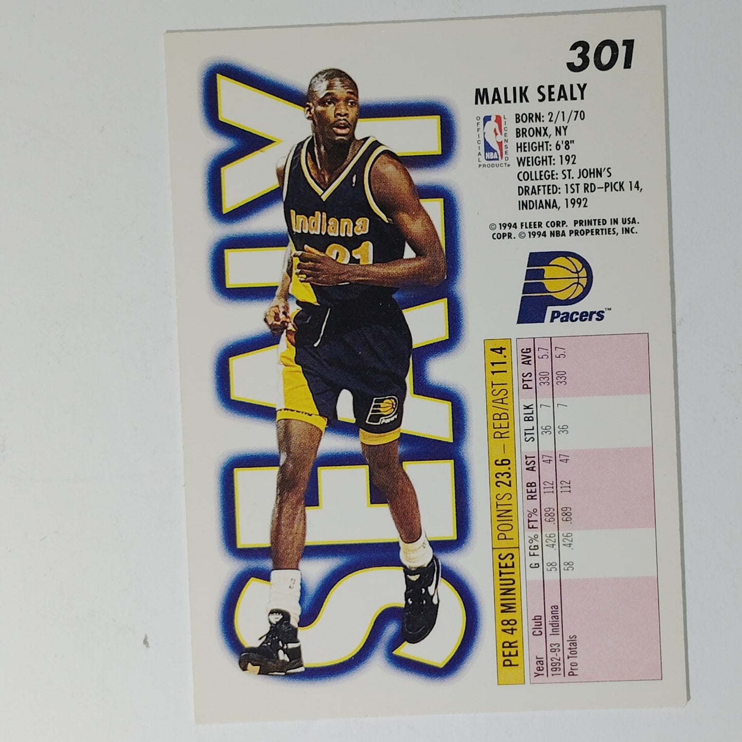 1993–94 Fleer Malik Sealy #301 – Indiana Pacers – Guard/Forward – NBA Card
