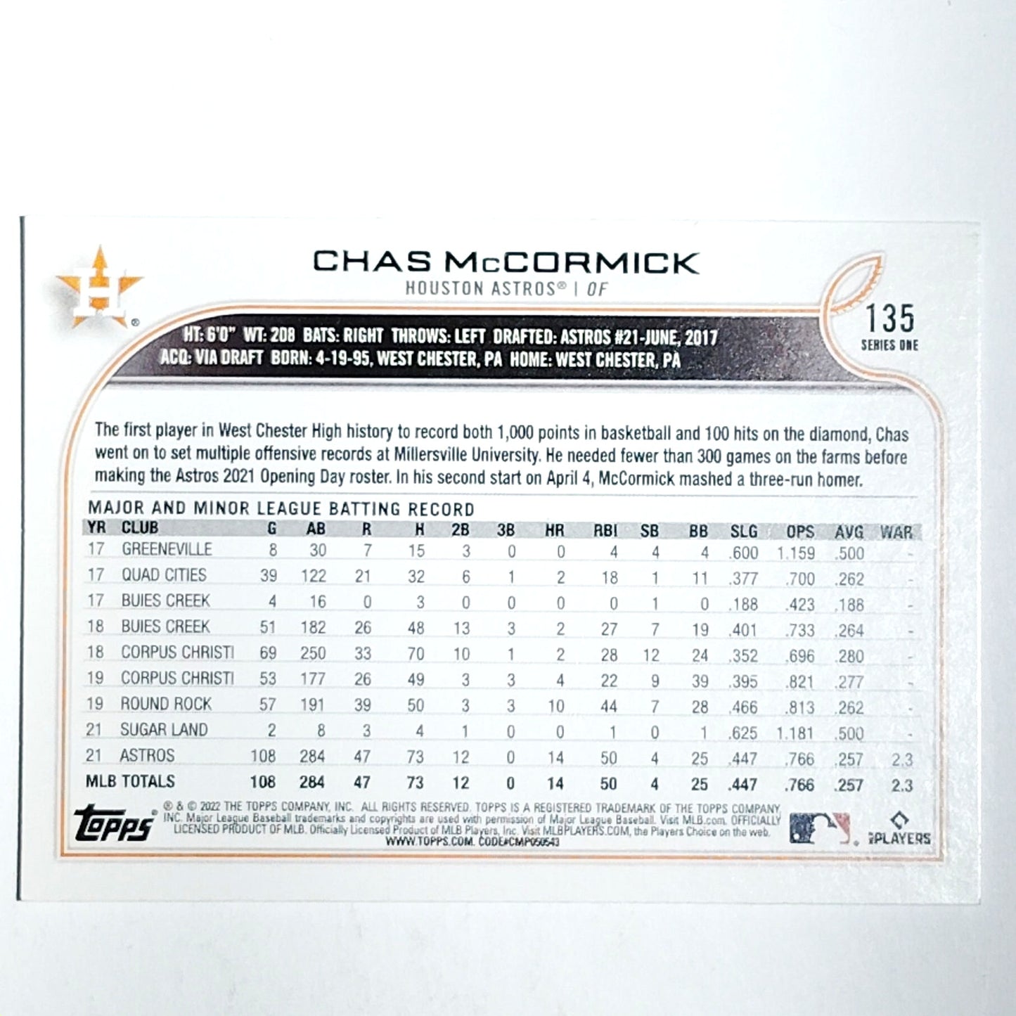2022 Topps #135 RC Rookie Chas McCormick Houston Astros Outfielder - VG/EX