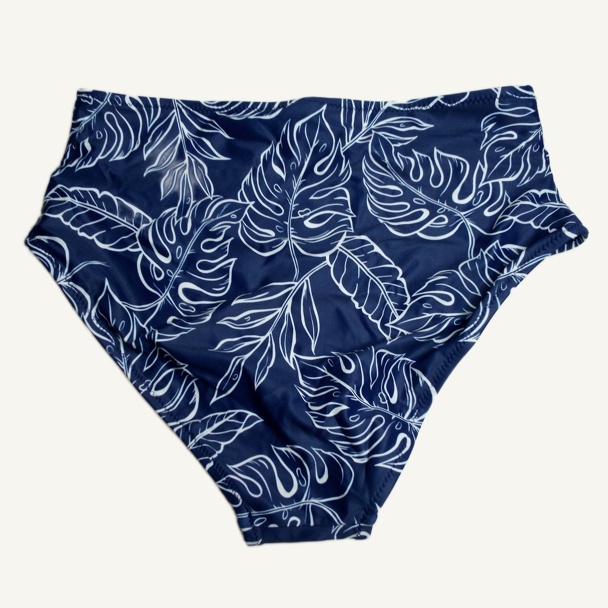 Blue High Waisted Swimsuit Bottoms Tropical Leaf Print Size L