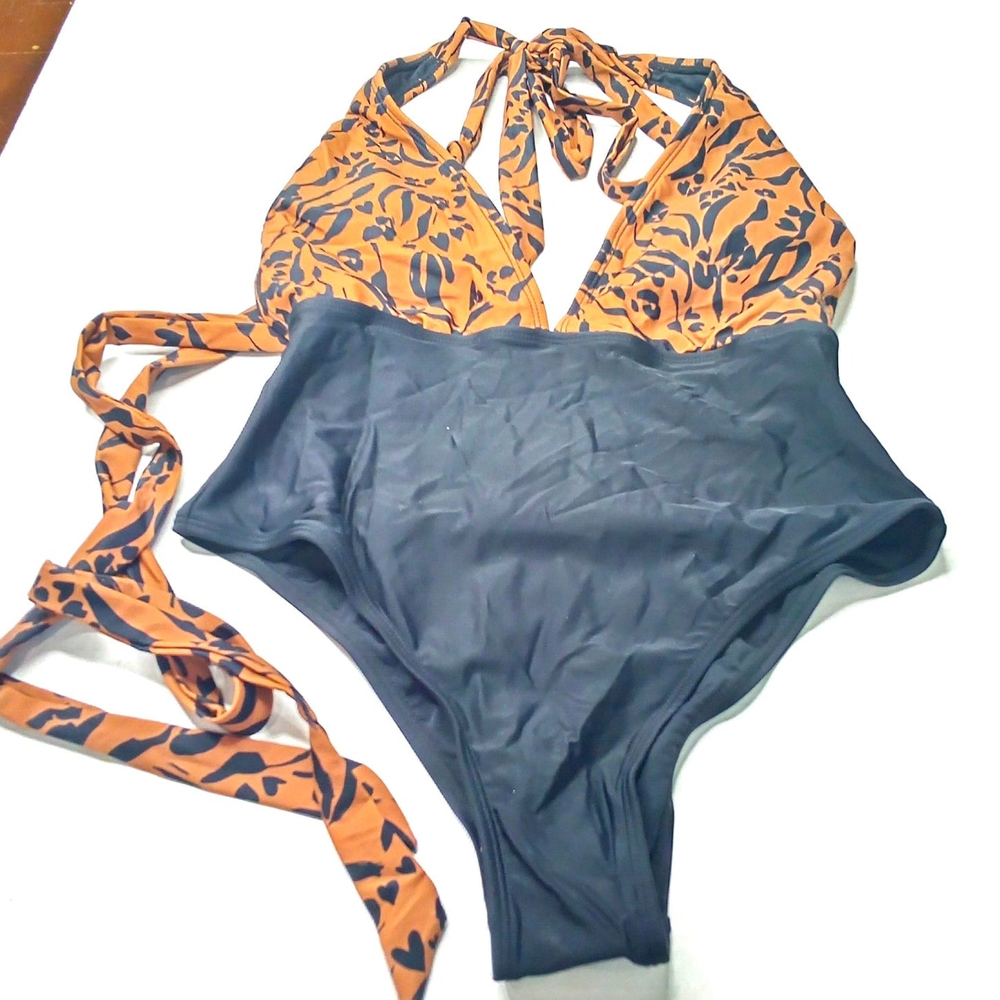 Cupshe Cheetah Plunge Halter Shirred One Piece Swimsuit Tummy Control Small