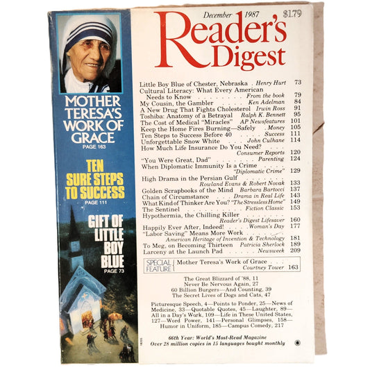 Reader's Digest December 1987 Magazine Mother Teresa's Work of Grace Vintage