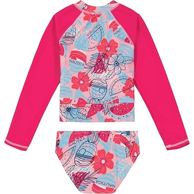 Nautica 2-PC Rashguard Swimsuit, Quick-dry , Beetroot Floral Fruit, L (12-14)