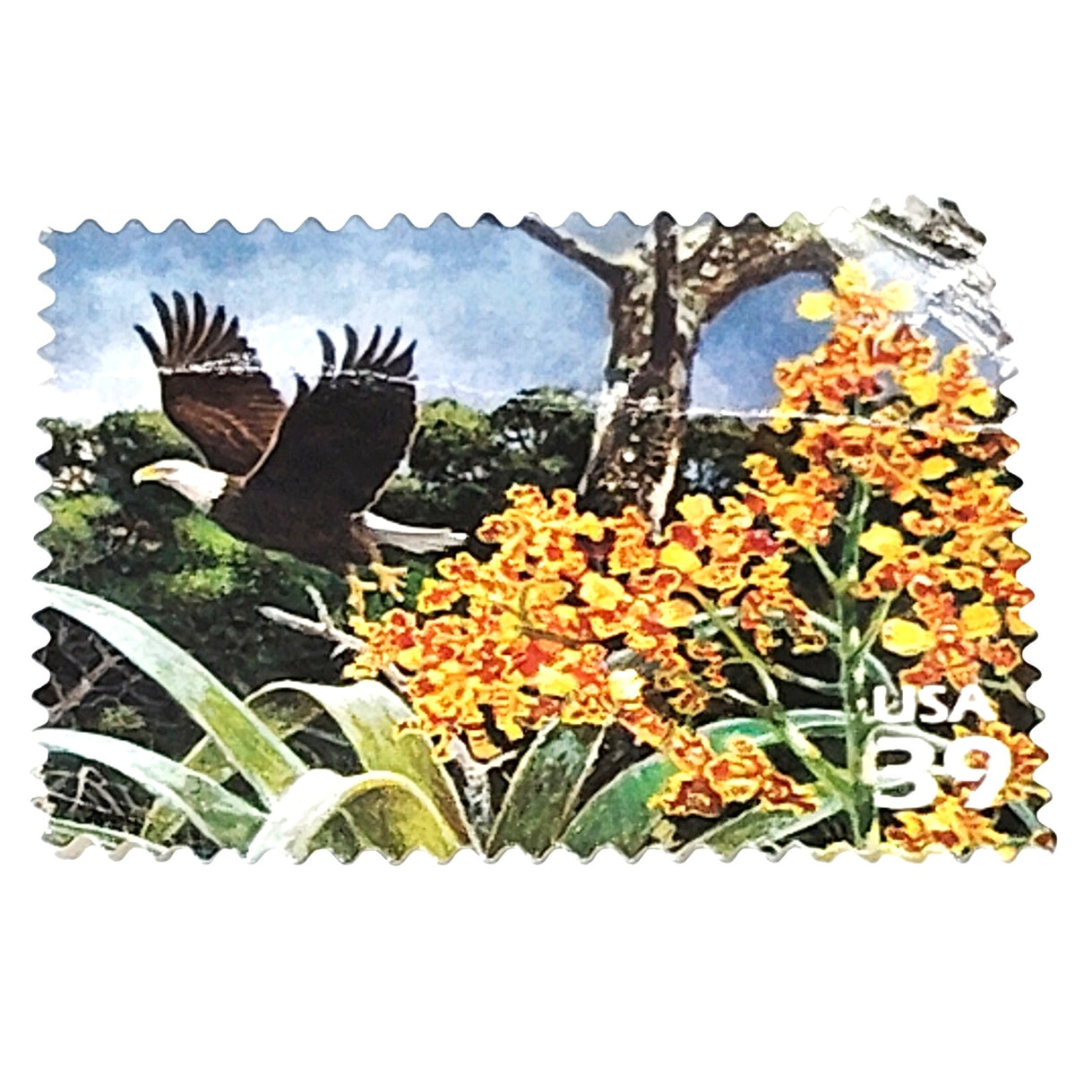 39 Cent USA Eagle & Flowers Postage Stamp - Unused with Serrated Edges