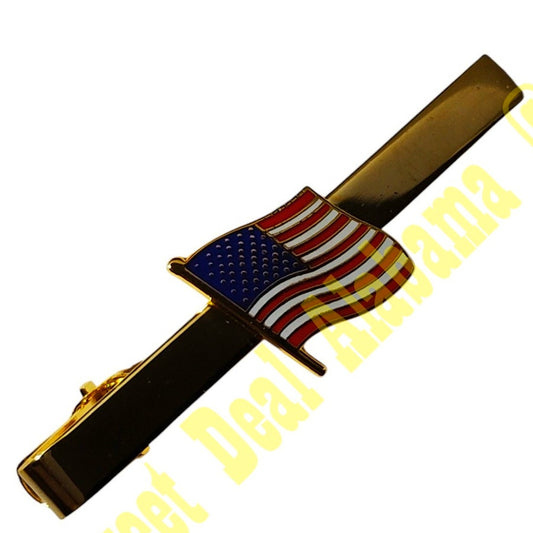 Tie Bar / Clip: Waving U.S. Flag, Gold Tone Finish 2-1/2"L, Flag's 3/4"H x 5/8"W