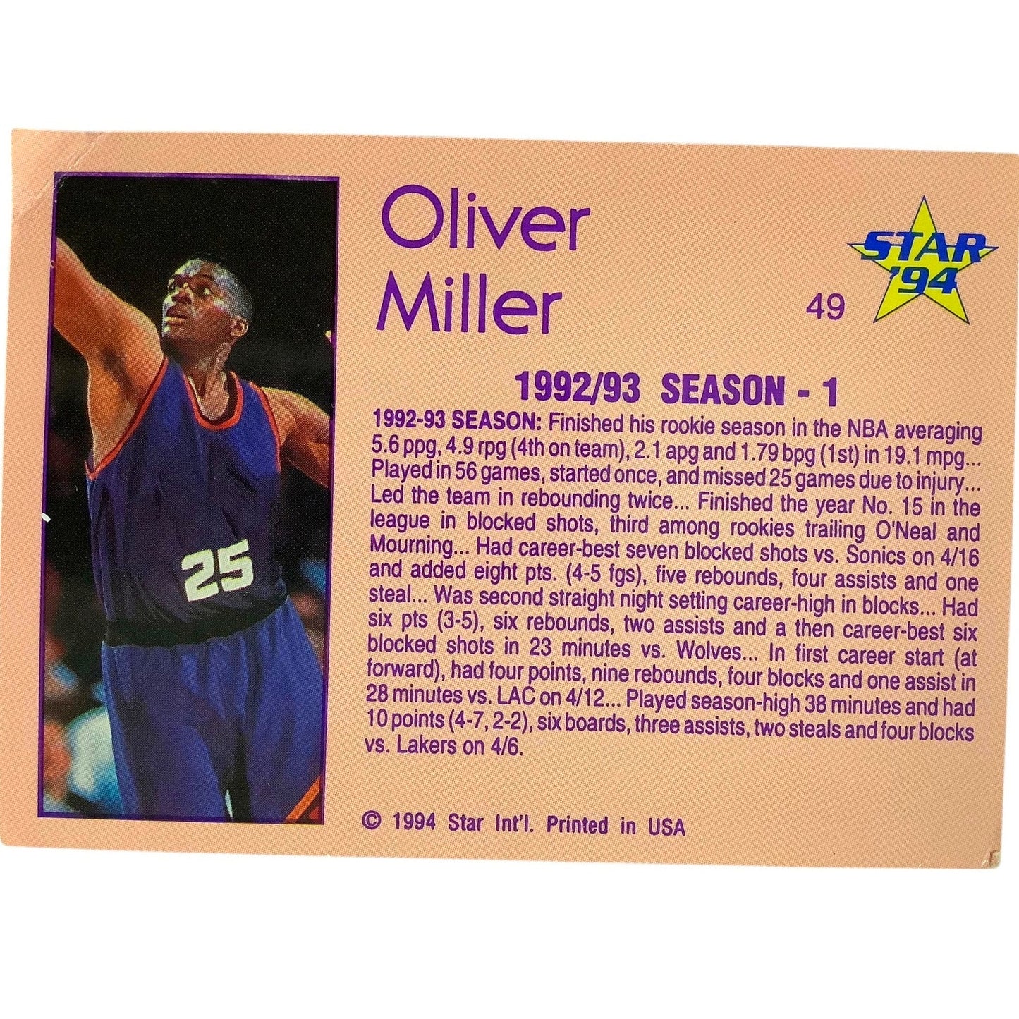 Oliver Miller, Phoenix Suns, 1994 Star Int'l, 92/93 Season 1 Review Card 49, EXC