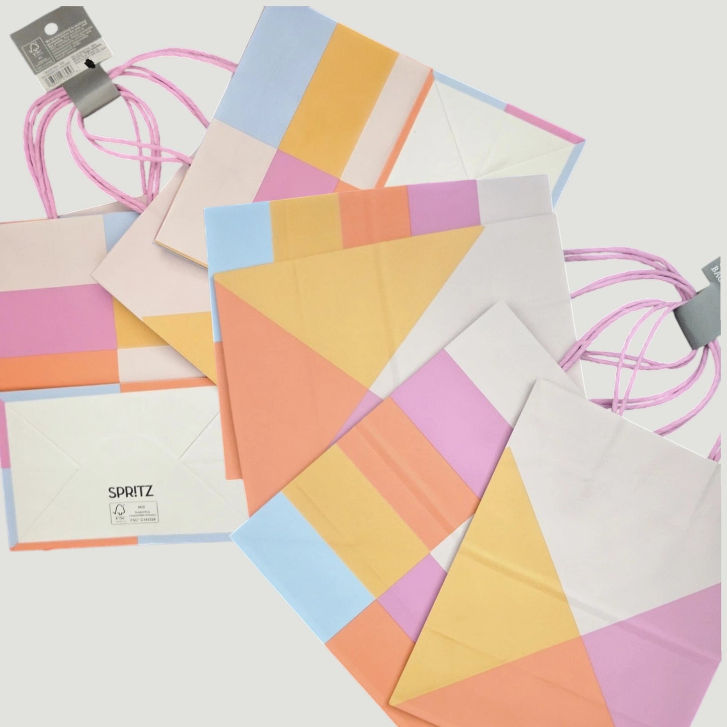 8‑Pack Geo Pastel Gift Bags – 4 Patterns – 9.625" x 7.75" x 4.625"