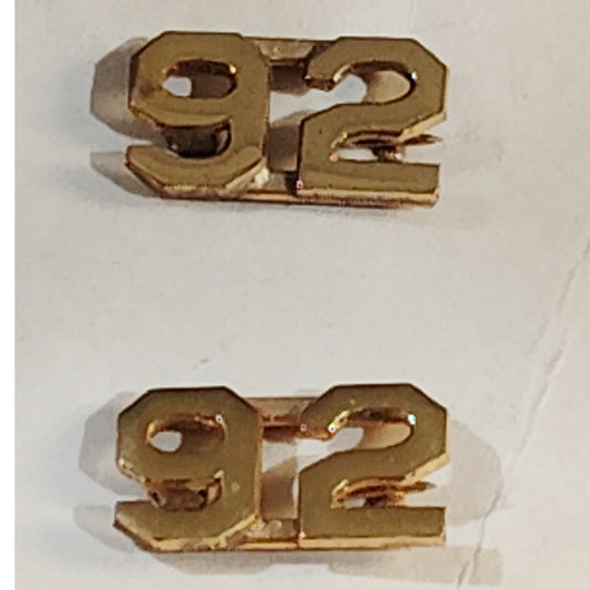 Early/Mid 1900s Brass C-Clasp "92" Collar Devices 3/8"H Hat / Lapel Pins Set