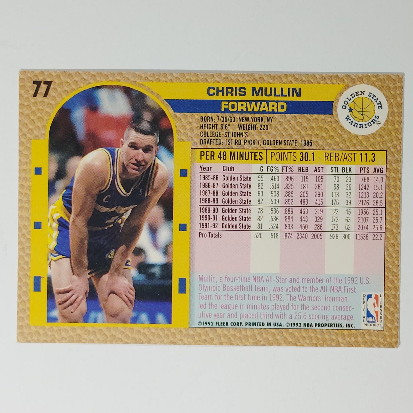 1992-93 Fleer Chris Mullin #77 Golden State Warriors Guard Hall of Fame NBA Card