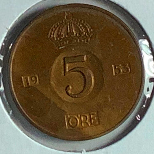 Sweden 5 öre, 1953, Crowned Double Monogram of King Gustaf VI Adolf Tails: Crown
