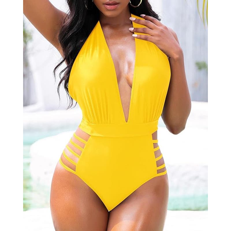 Aqua Eve Sexy One Piece Halter Plunge V Neck Cutout Swimsuit Neon Yellow S (4-6)