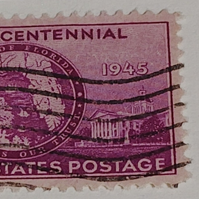 1945 3¢ Florida Statehood Stamp, Scott 908 – Centennial Issue – Seal & Landmarks