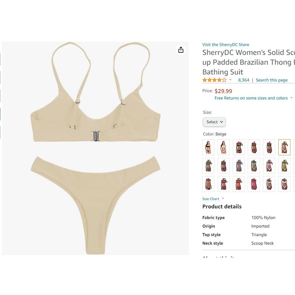 SherryDC Solid Scoop Neck Push up Padded Brazilian Thong Bikini, Beige, L