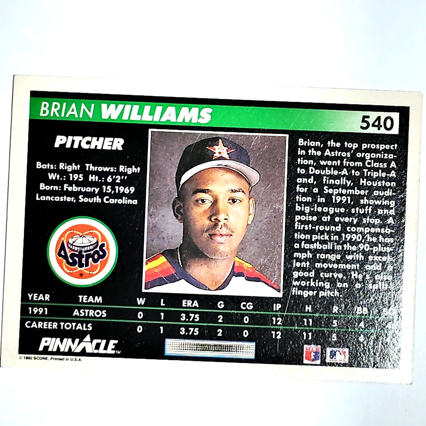 1992 Pinnacle Brian Williams Card #540 Houston Astros Rookie Prospect P VG/EX