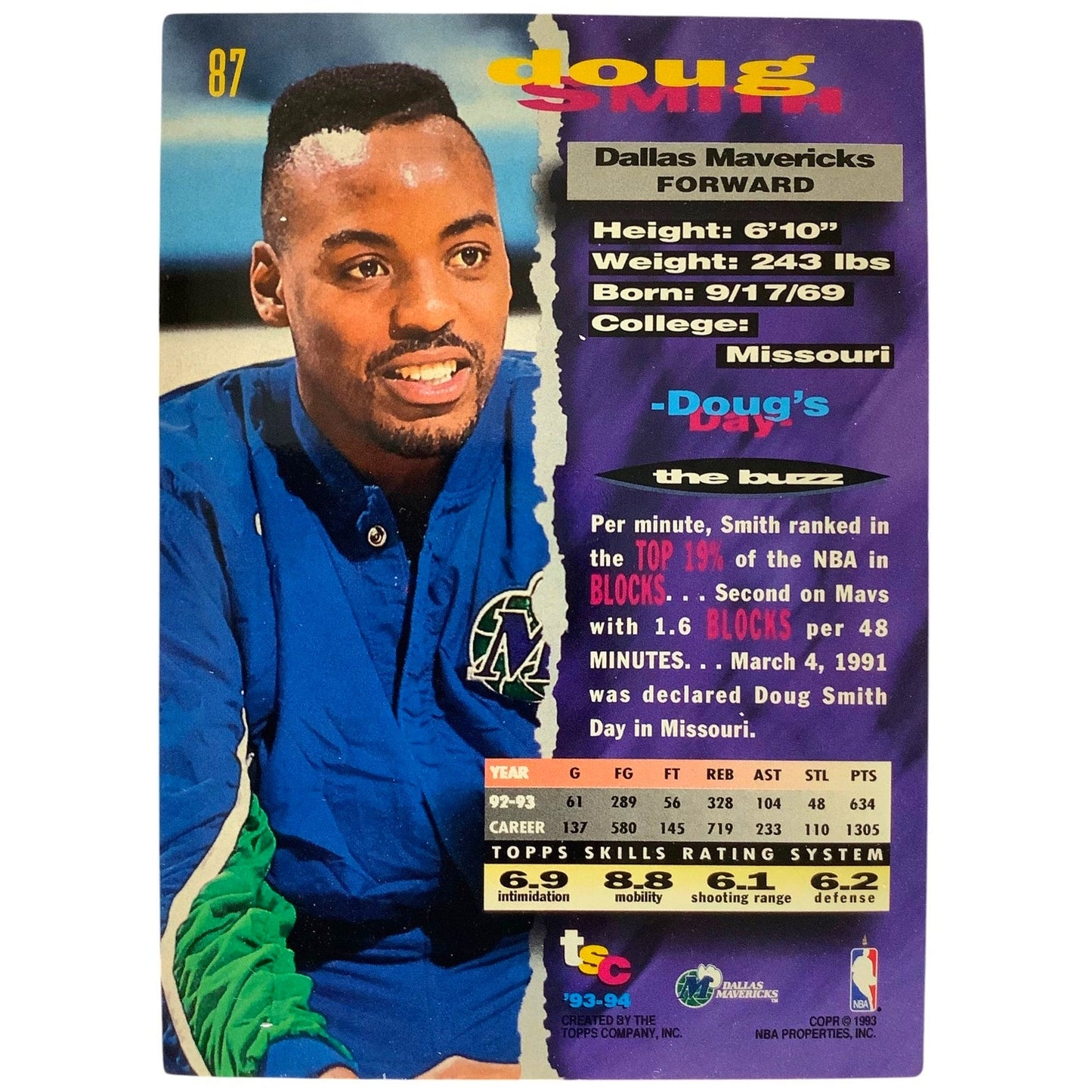 Doug Smith, Dallas Mavericks, 1993 Topps Stadium Club Collector's Card 87, EXC