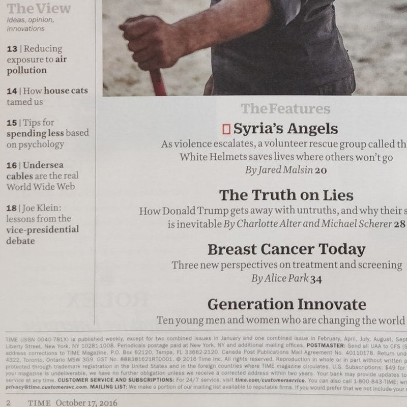 Time Magazine October 17 2016 Syria's Angels White Helmets, LA Rams, Back Issue