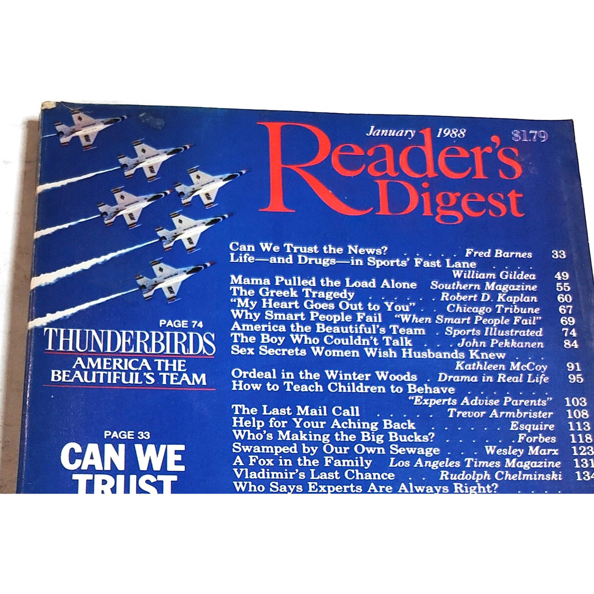 Vintage Reader's Digest Magazine January 1988 Thunderbirds Cover Back Issue