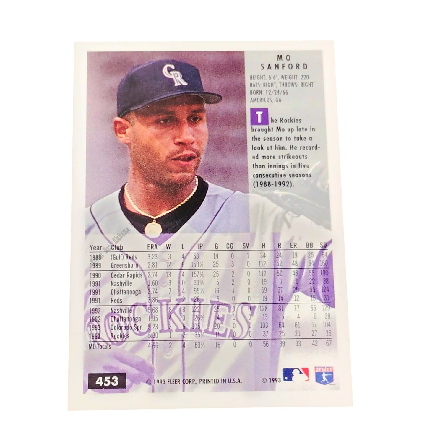 Mo Sanford, Colorado Rockies, #453, 1994 Fleer Baseball Collector's Card